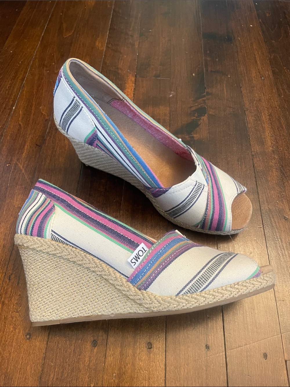 TOMS Multicolor Striped Peep-Toe Canvas Flats